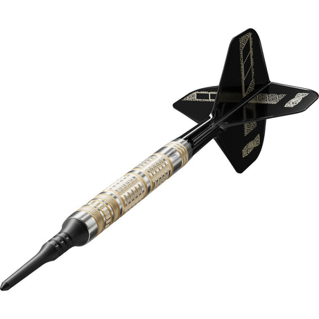 Dimitri Van den Bergh 95K Soft Tip Darts close up image highlighting the barrel grip texture and precision machining detail
