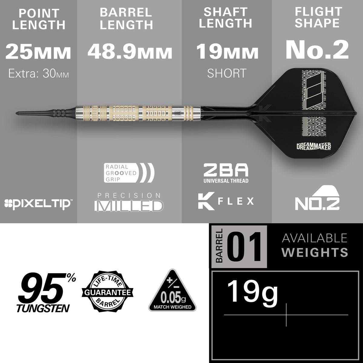Dimitri Van den Bergh 95K Soft Tip Darts specifications image showing barrel dimensions, weight, and technical details