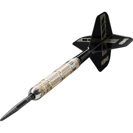 Dimitri Van den Bergh 95K Steel Tip Darts close up image highlighting the barrel grip texture and precision machining detail