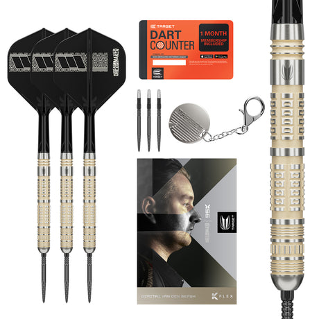 Dimitri Van den Bergh 95K SP Steel Tip Darts main product image showing the darts, packaging, flights, shafts, and included accessories