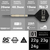 Dimitri Van den Bergh 95K Steel Tip Darts specifications image showing barrel dimensions, weight, and technical details