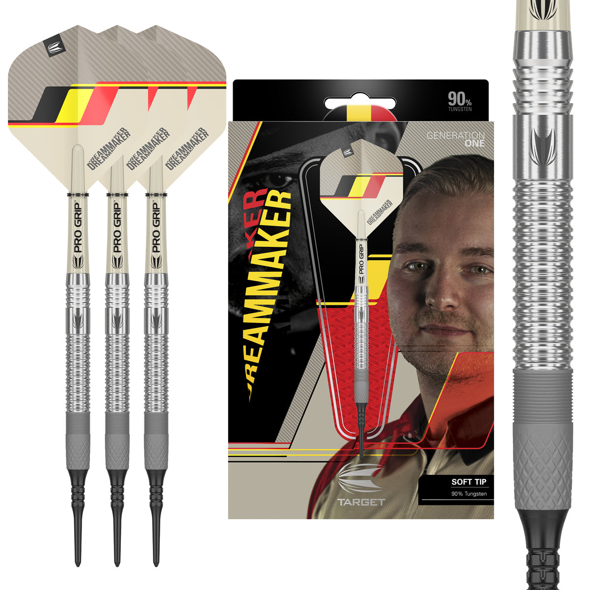 Dimitri Van den Bergh G1 Soft Tip Darts main product image showing the darts, packaging, flights, shafts, and included accessories