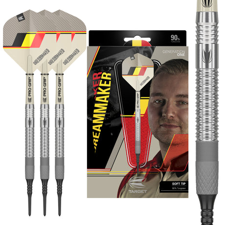 Dimitri Van den Bergh G1 Soft Tip Darts main product image showing the darts, packaging, flights, shafts, and included accessories