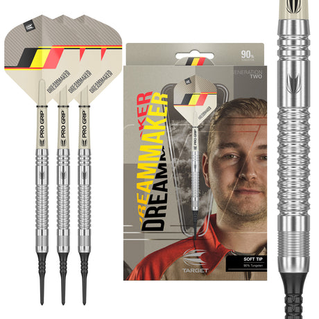 Dimitri Van den Bergh G2 Soft Tip Darts main product image showing the darts, packaging, flights, shafts, and included accessories