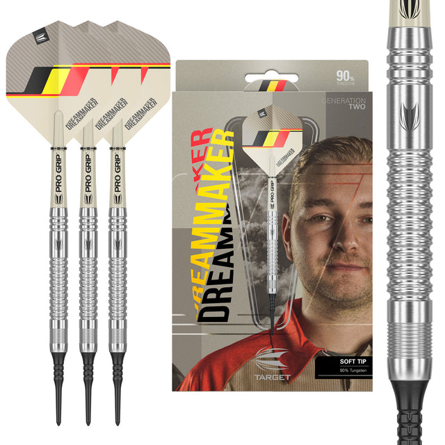 Dimitri Van den Bergh G2 Soft Tip Darts main product image showing the darts, packaging, flights, shafts, and included accessories