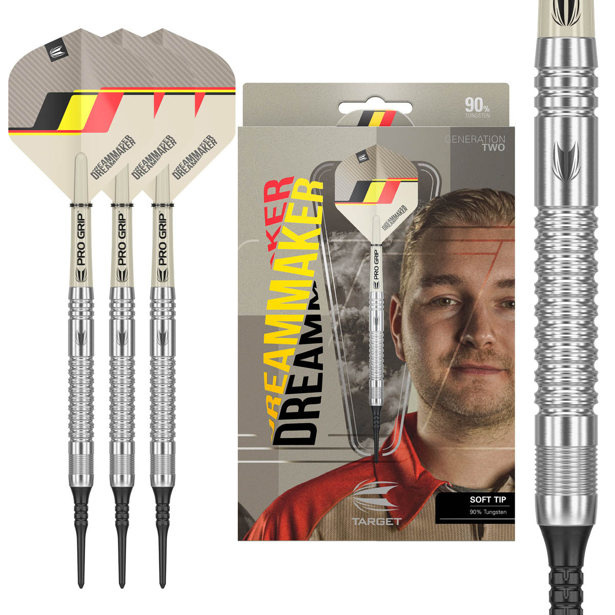 Dimitri Van den Bergh G2 Soft Tip Darts main product image showing the darts, packaging, flights, shafts, and included accessories