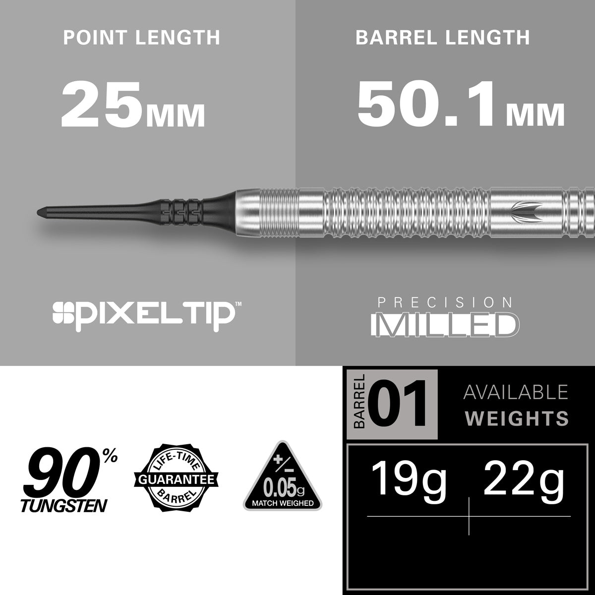 Dimitri Van den Bergh G2 Soft Tip Darts specifications image showing barrel dimensions, weight, and technical details