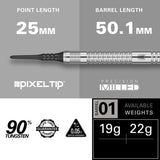 Dimitri Van den Bergh G2 Soft Tip Darts specifications image showing barrel dimensions, weight, and technical details