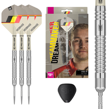 Dimitri van den Bergh G2 SP Steel Tip Darts main product image showing the darts, presentation box, flights, shafts, and supplied accessories
