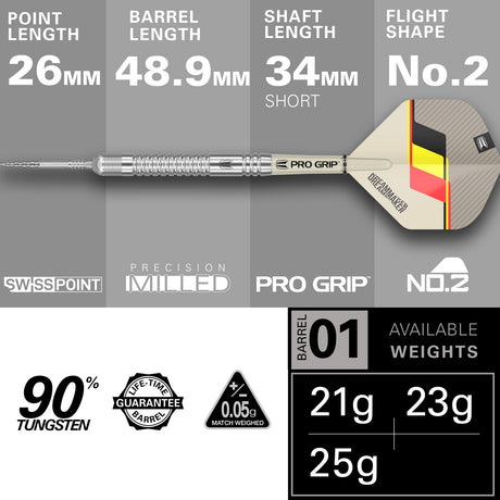 Dimitri van den Bergh G2 SP Steel Tip Darts specifications image displaying barrel dimensions and technical dart information