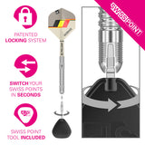 Dimitri van den Bergh G2 SP Steel Tip Darts Swiss Point demonstration image showing the interchangeable point technology