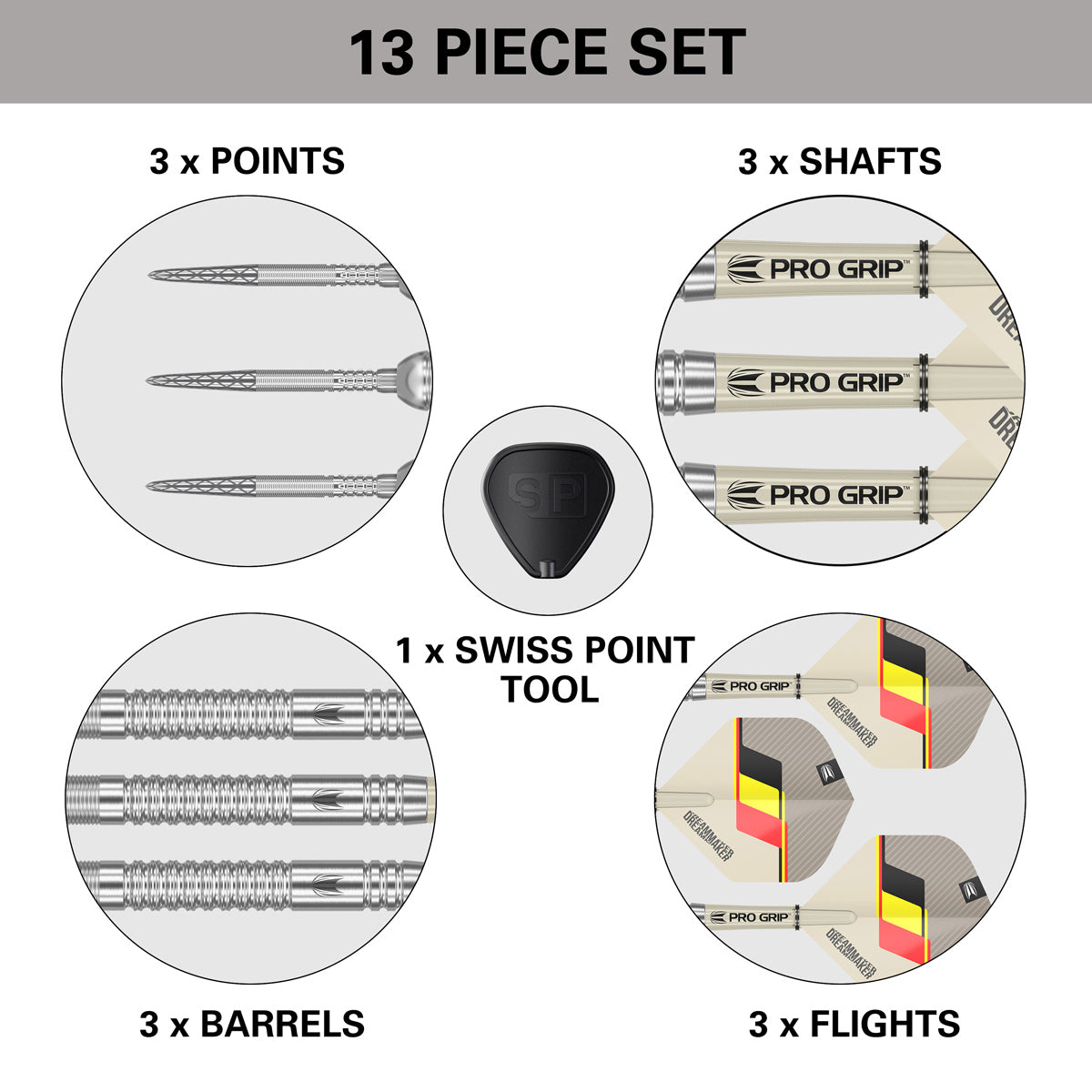 Dimitri van den Bergh G2 SP Steel Tip Darts contents image displaying all included accessories and components inside the box