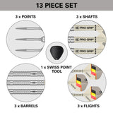Dimitri van den Bergh G2 SP Steel Tip Darts contents image displaying all included accessories and components inside the box