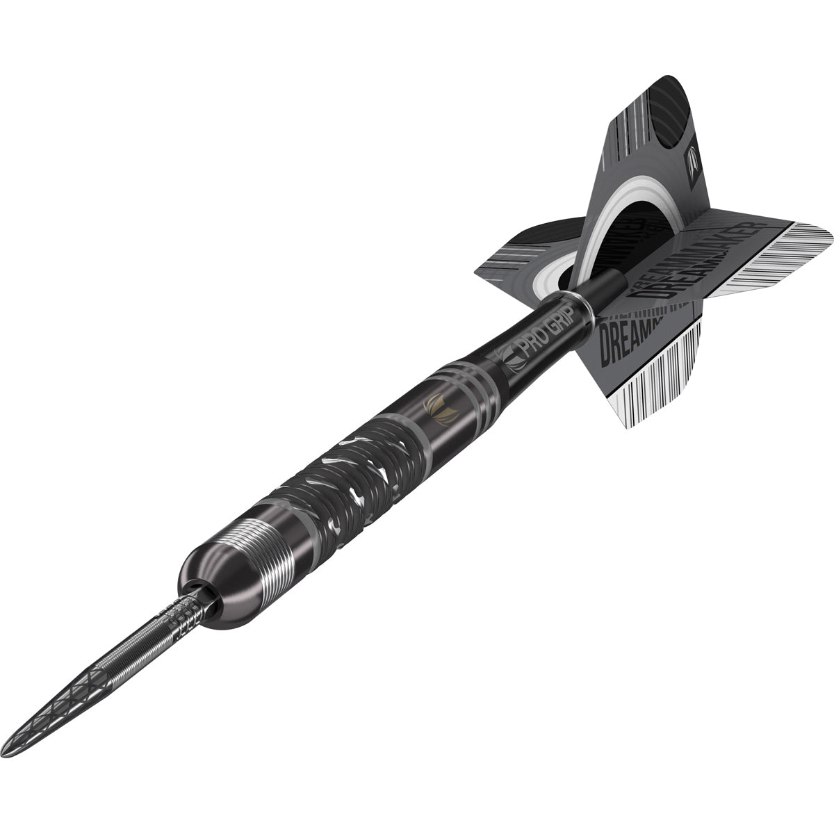 Dimitri Van Den Bergh x Echo Steel Tip Darts close up image highlighting the barrel grip texture and precision machining detail
