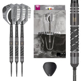 Dimitri Van Den Bergh x Echo SP Steel Tip Darts main product image showing the darts, packaging, flights, shafts, and included accessories