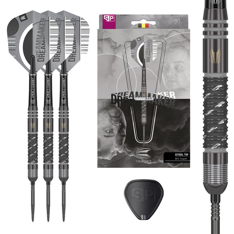 Dimitri Van Den Bergh x Echo SP Steel Tip Darts main product image showing the darts, packaging, flights, shafts, and included accessories