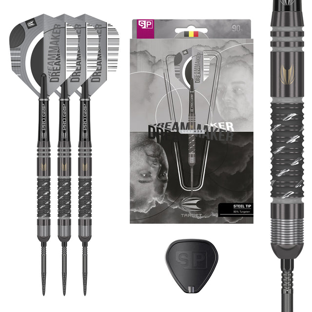 Dimitri Van Den Bergh x Echo SP Steel Tip Darts main product image showing the darts, packaging, flights, shafts, and included accessories
