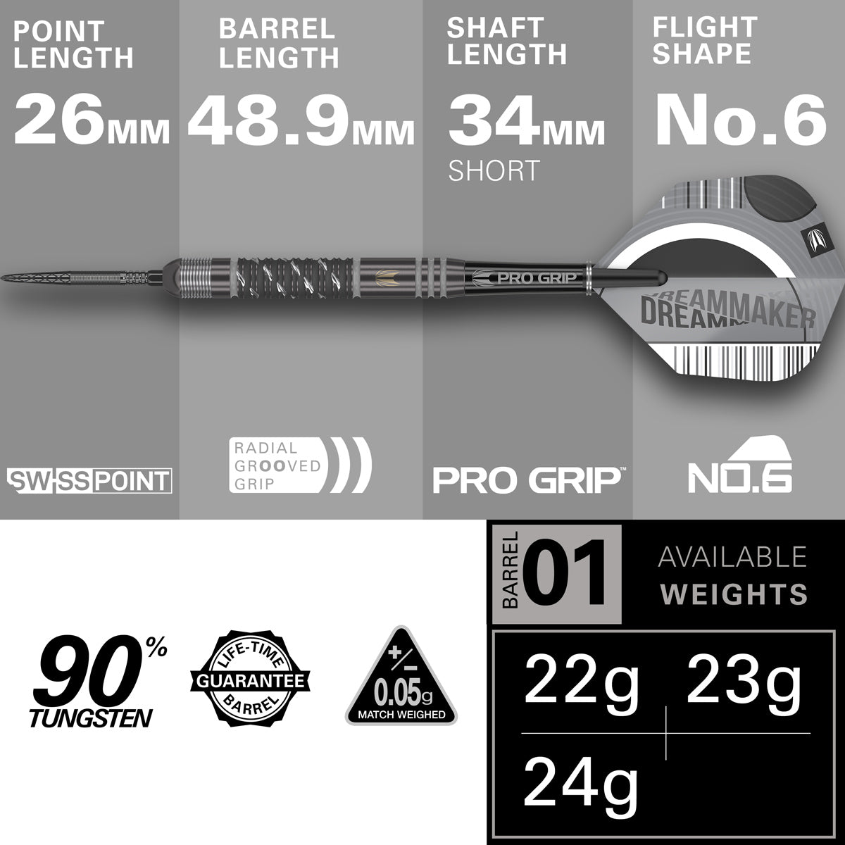 Dimitri Van Den Bergh x Echo Steel Tip Darts specifications image showing barrel dimensions, weight, and technical details