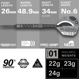 Dimitri Van Den Bergh x Echo Steel Tip Darts specifications image showing barrel dimensions, weight, and technical details