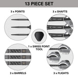 Dimitri Van Den Bergh x Echo Steel Tip Darts contents image displaying everything included inside the box