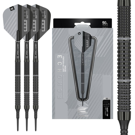Echo 11 Soft Tip Darts main product image showing the darts, packaging, flights, shafts, and included accessories