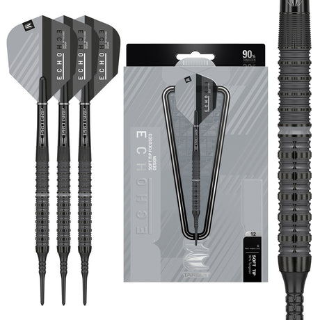 Echo 12 Soft Tip Darts main product image showing the darts, packaging, flights, shafts, and included accessories