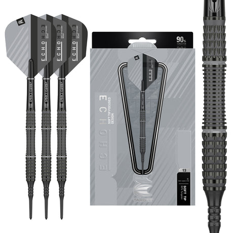 Echo 13 Soft Tip Darts main product image showing the darts, packaging, flights, shafts, and included accessories