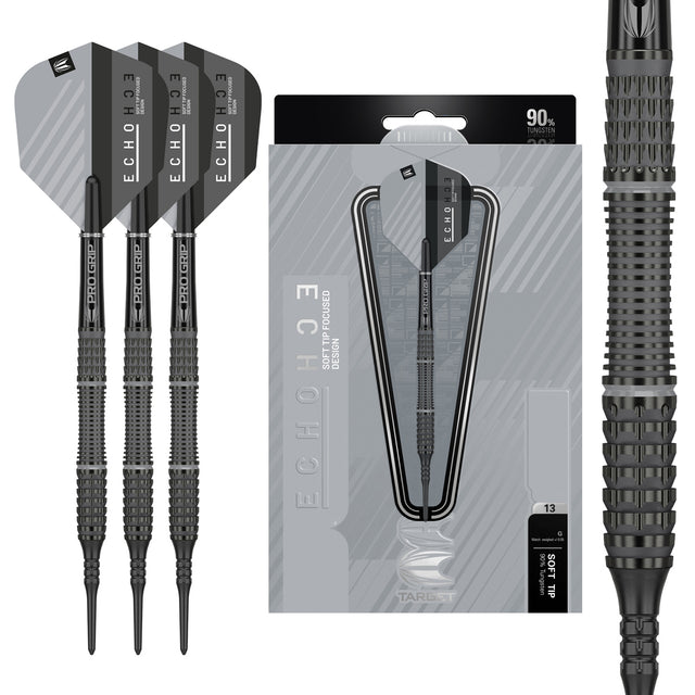 Echo 13 Soft Tip Darts main product image showing the darts, packaging, flights, shafts, and included accessories