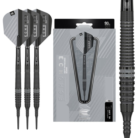 Echo 14 Soft Tip Darts main product image showing the darts, packaging, flights, shafts, and included accessories
