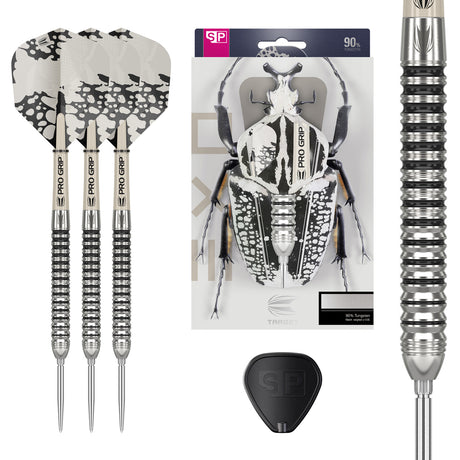 EXO 01 SP Steel Tip Darts main product image showing the darts, presentation box, flights, shafts, and included accessories