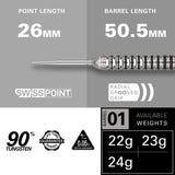 EXO 01 SP Steel Tip Darts specifications image displaying barrel dimensions and technical dart information