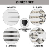 EXO 01 SP Steel Tip Darts contents image displaying all included accessories and components inside the box