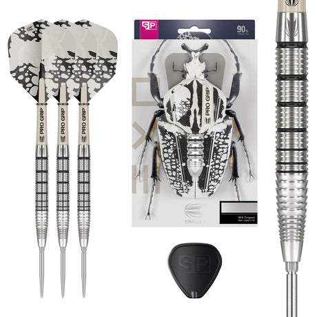 EXO 02 SP Steel Tip Darts main product image showing the box, darts, flights, shafts, and included accessories