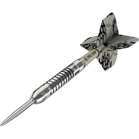 EXO 03 SP Steel Tip Darts angled close up image highlighting the barrel grip and detailed machining