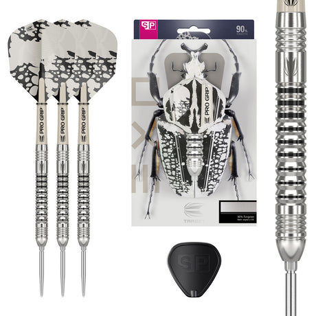 EXO 03 SP Steel Tip Darts main product image showing the darts, packaging, flights, shafts, and included accessories
