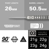 EXO 03 SP Steel Tip Darts specifications image displaying barrel dimensions and technical dart information
