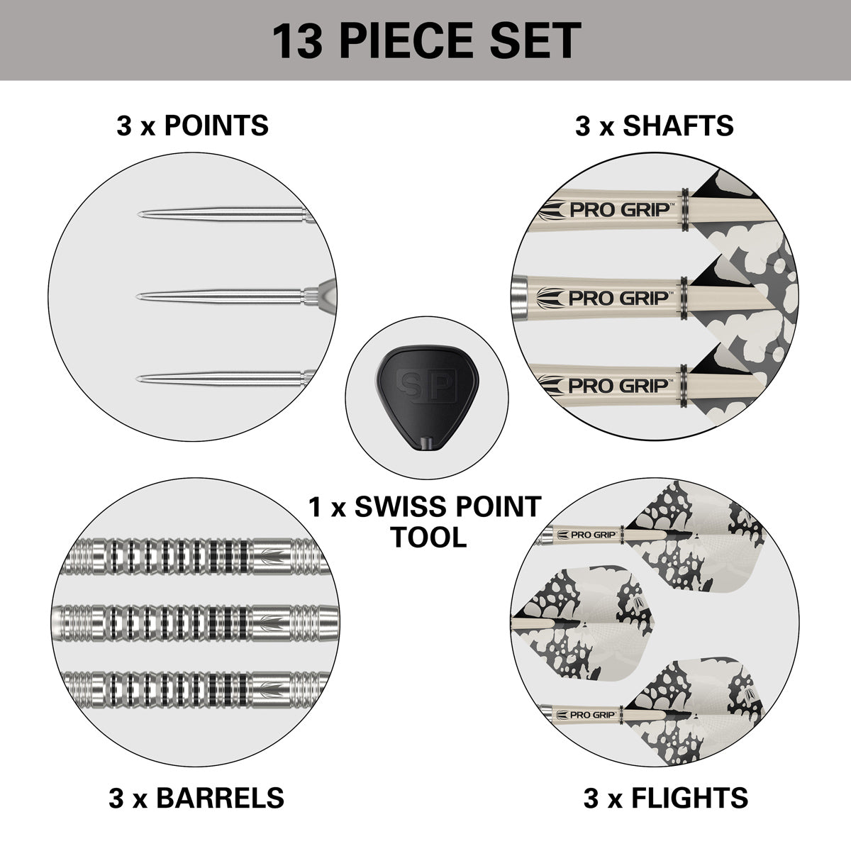 EXO 03 SP Steel Tip Darts contents image displaying all included accessories and components inside the box