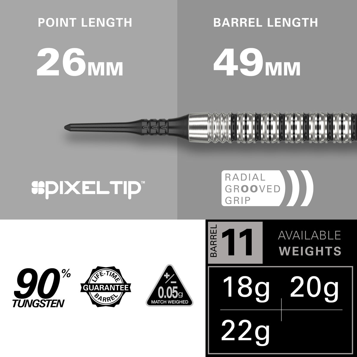 EXO 11 Soft Tip Darts specifications image showing barrel dimensions, weight, and technical details