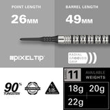 EXO 11 Soft Tip Darts specifications image showing barrel dimensions, weight, and technical details