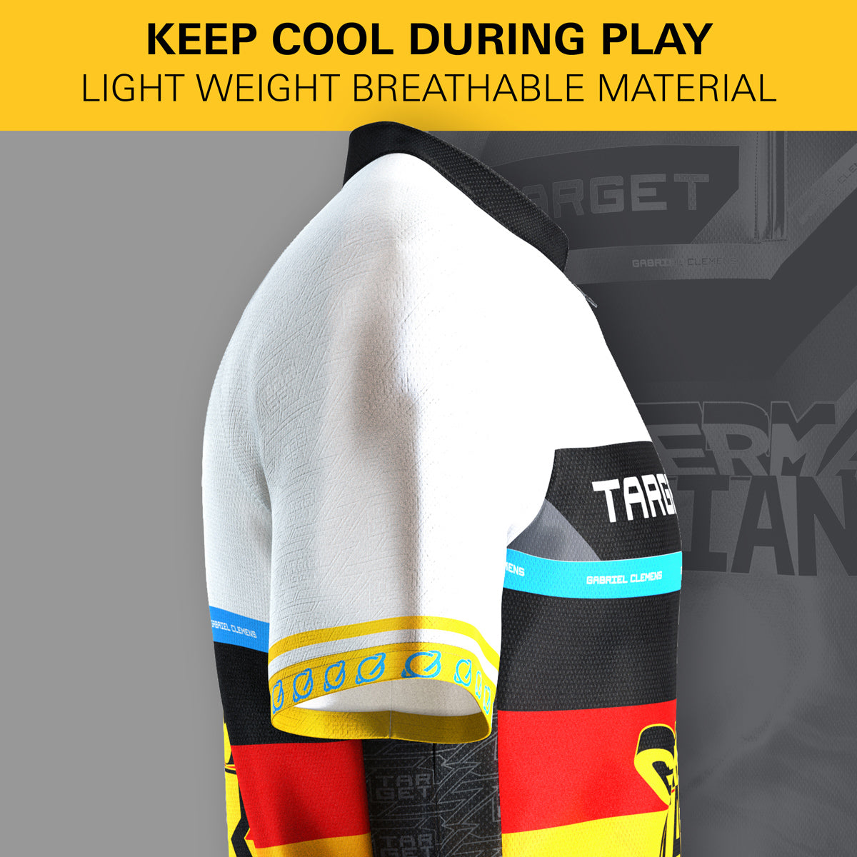 Target Gabriel Clemens 2025 Playing Shirt side profile image showing the fit, cut, and design details