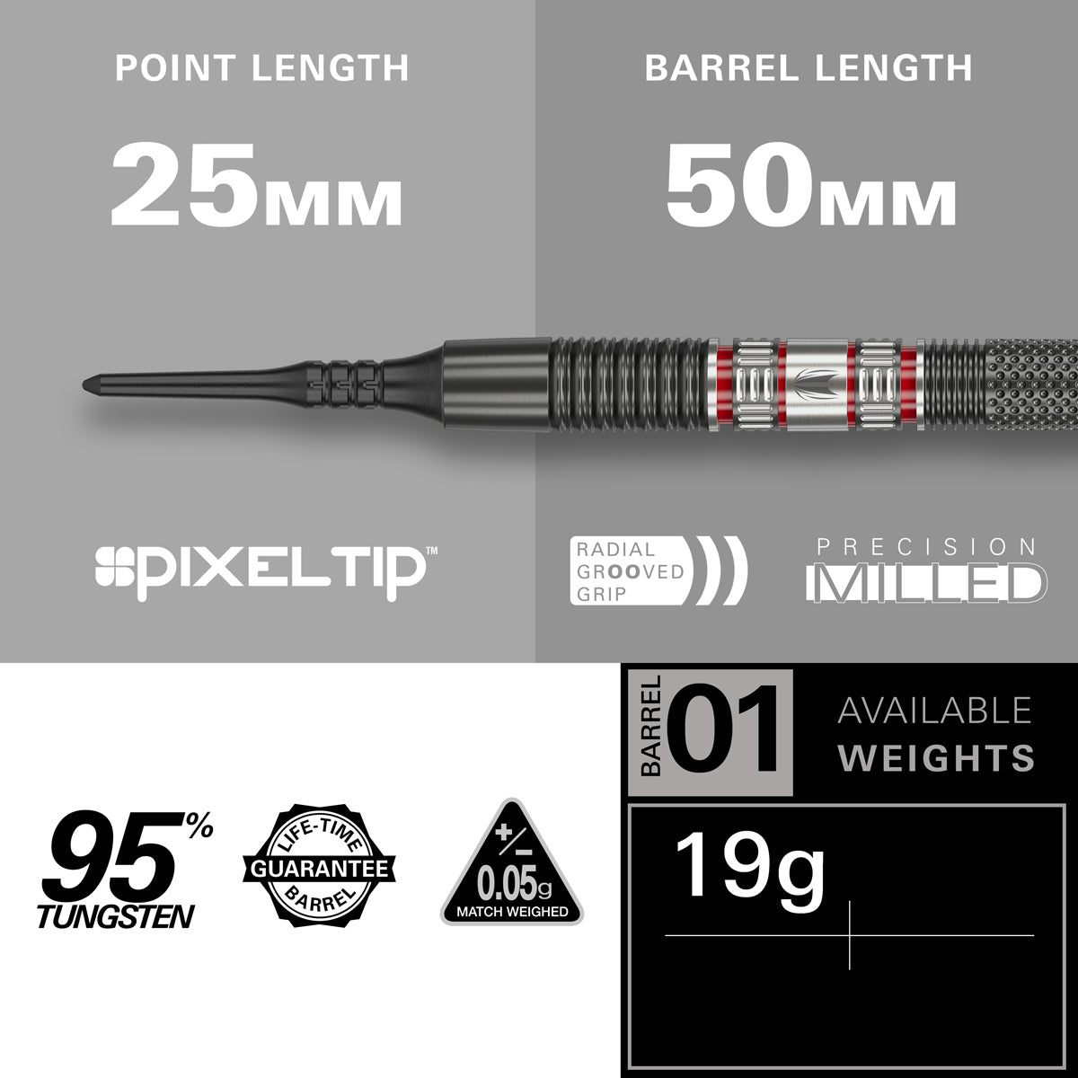 Gabriel Clemens 95K Soft Tip Darts specifications image showing barrel dimensions, weight, and technical details