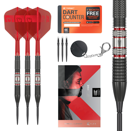 Gabriel Clemens 95K SP Steel Tip Darts main product image showing the darts, packaging, flights, shafts, and included accessories
