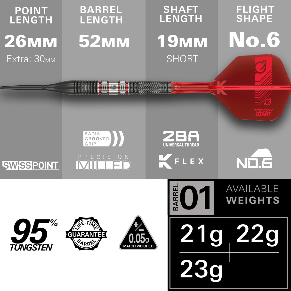 Gabriel Clemens 95K Steel Tip Darts specifications image showing barrel dimensions, weight, and technical details