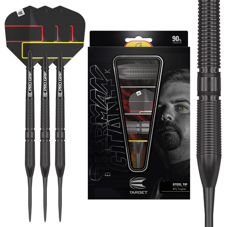 Gabriel Clemens Black Steel Tip Darts main product image showing the darts, packaging, flights, shafts, and included accessories