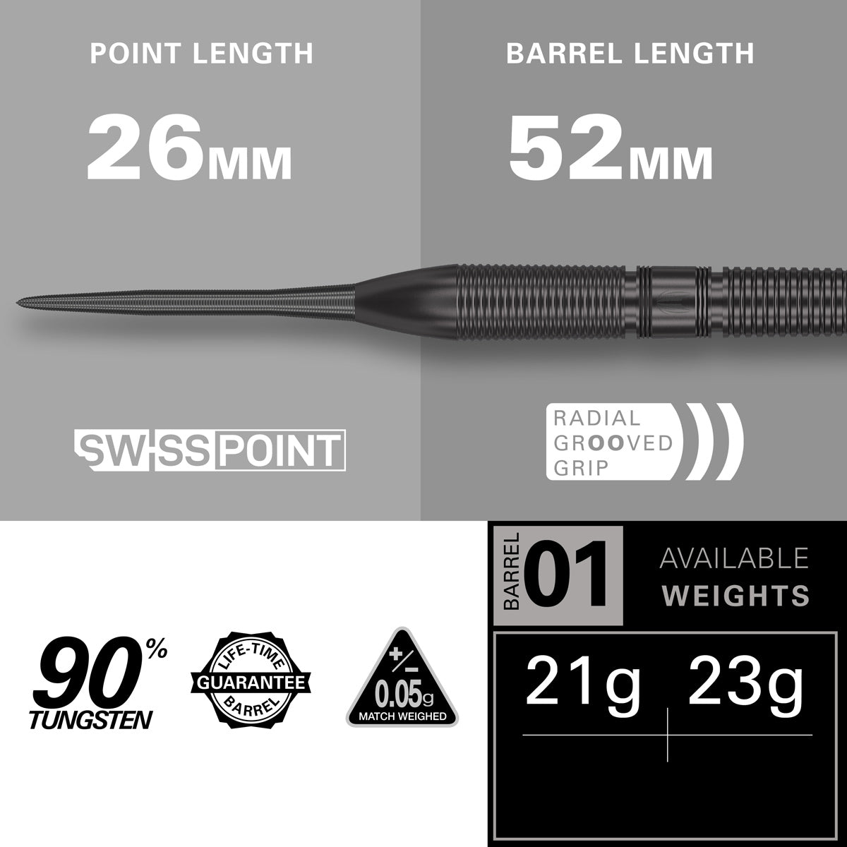 Gabriel Clemens Black Steel Tip Darts specifications image showing barrel dimensions, weight, and technical details