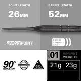Gabriel Clemens Black Steel Tip Darts specifications image showing barrel dimensions, weight, and technical details