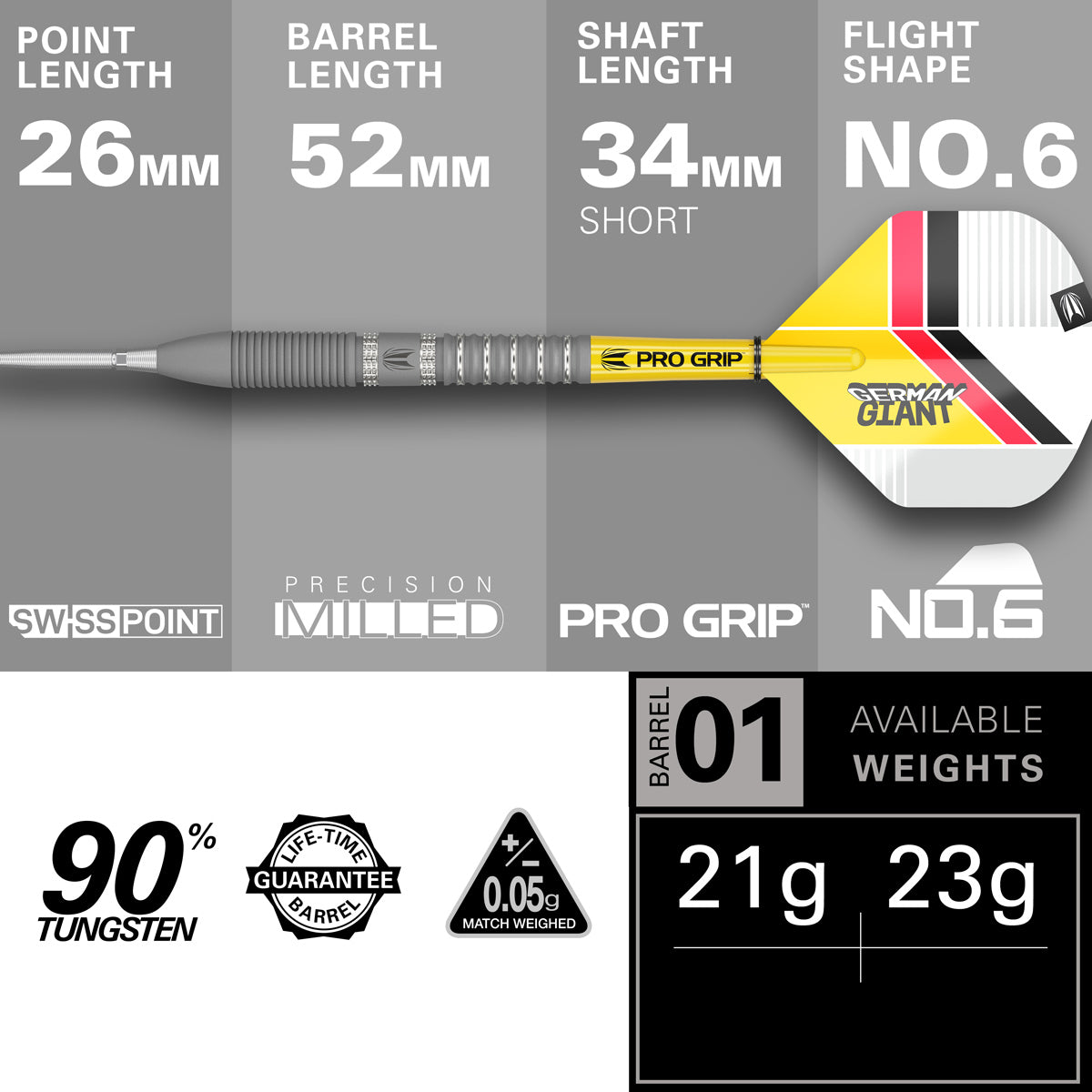 Gabriel Clemens G2 Steel Tip Darts specifications image showing barrel dimensions, weight, and technical details