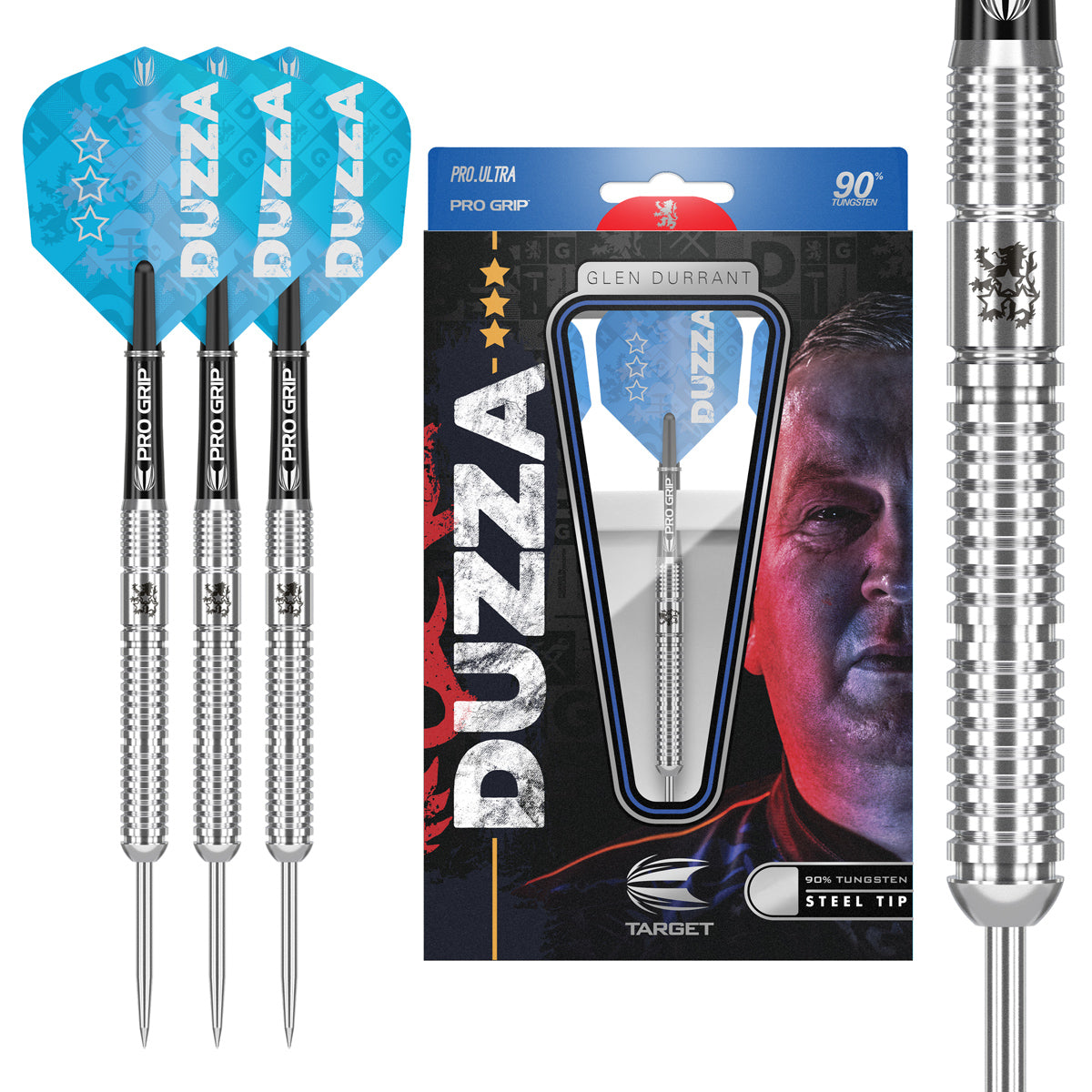 Glen Durrant Steel Tip Darts main product image showing the darts, packaging, flights, shafts, and included accessories