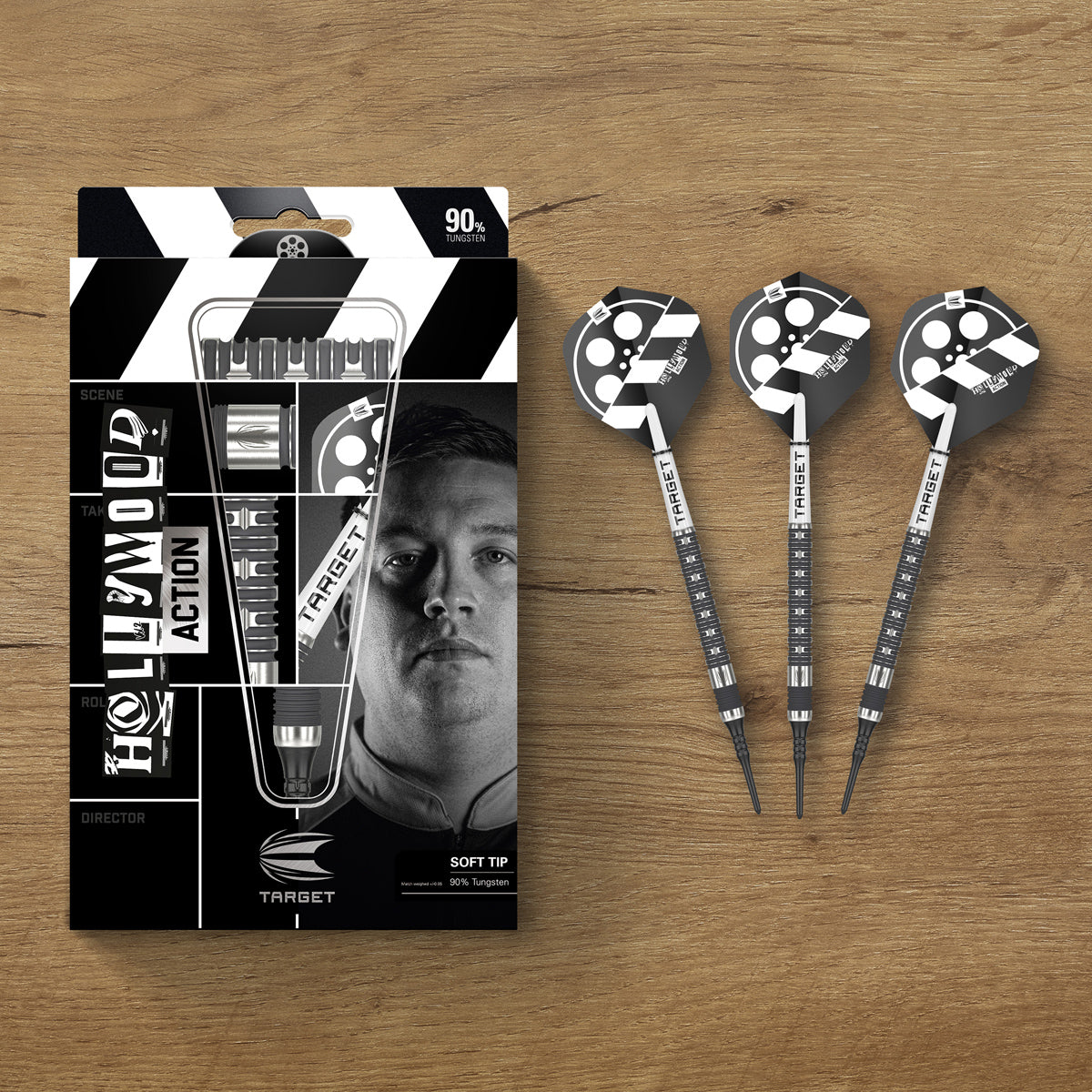 Hollywood Action darts lifestyle image featuring a premium electronic darts setup and modern playing environment