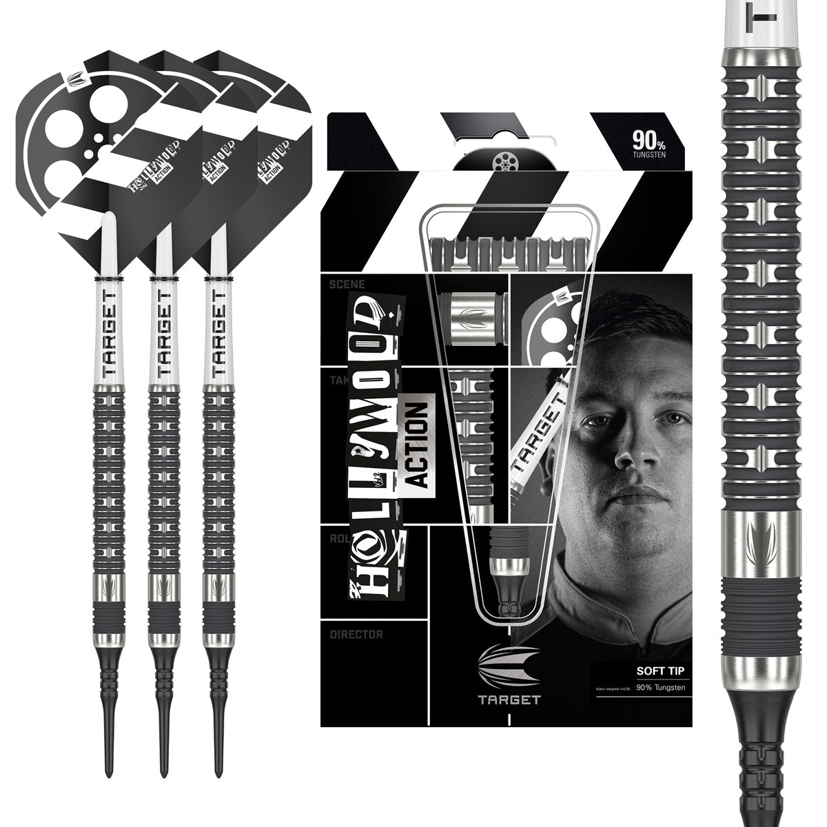 Hollywood Action Soft Tip Darts main product image showing the darts, packaging, flights, shafts, and included accessories